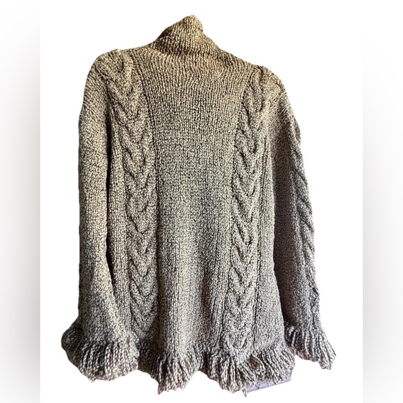 Native Wool Chunky Cable Knit Full Zip Hooded Fringe Cardigan Tan M/L Winter - Picture 2 of 6